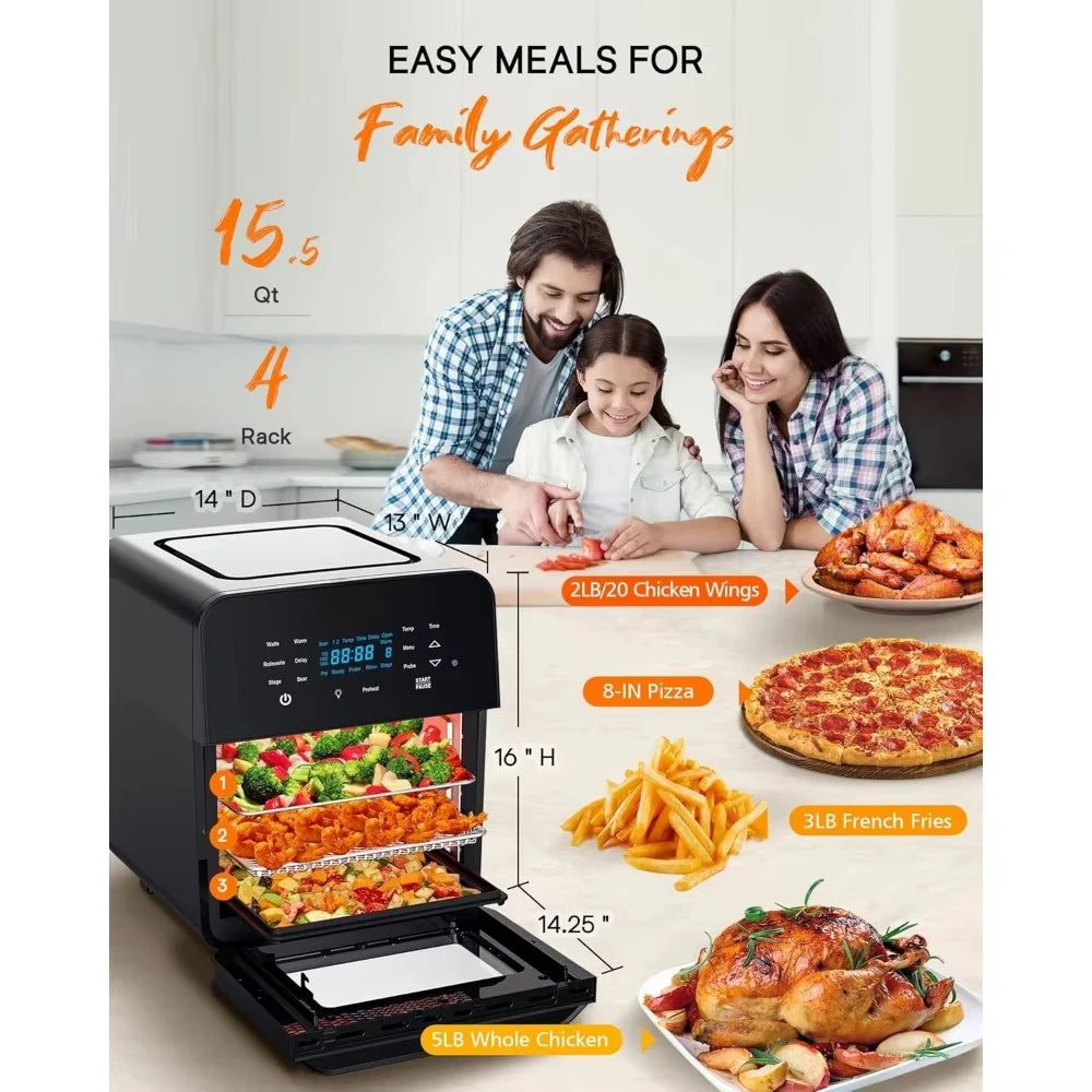 15.5Qt Air Fryer Toaster Oven & Rotisserie Kit,2024 New Advanced Turbo Convection Tech,Max Even & Crisp,150 Presets, Smart Probe