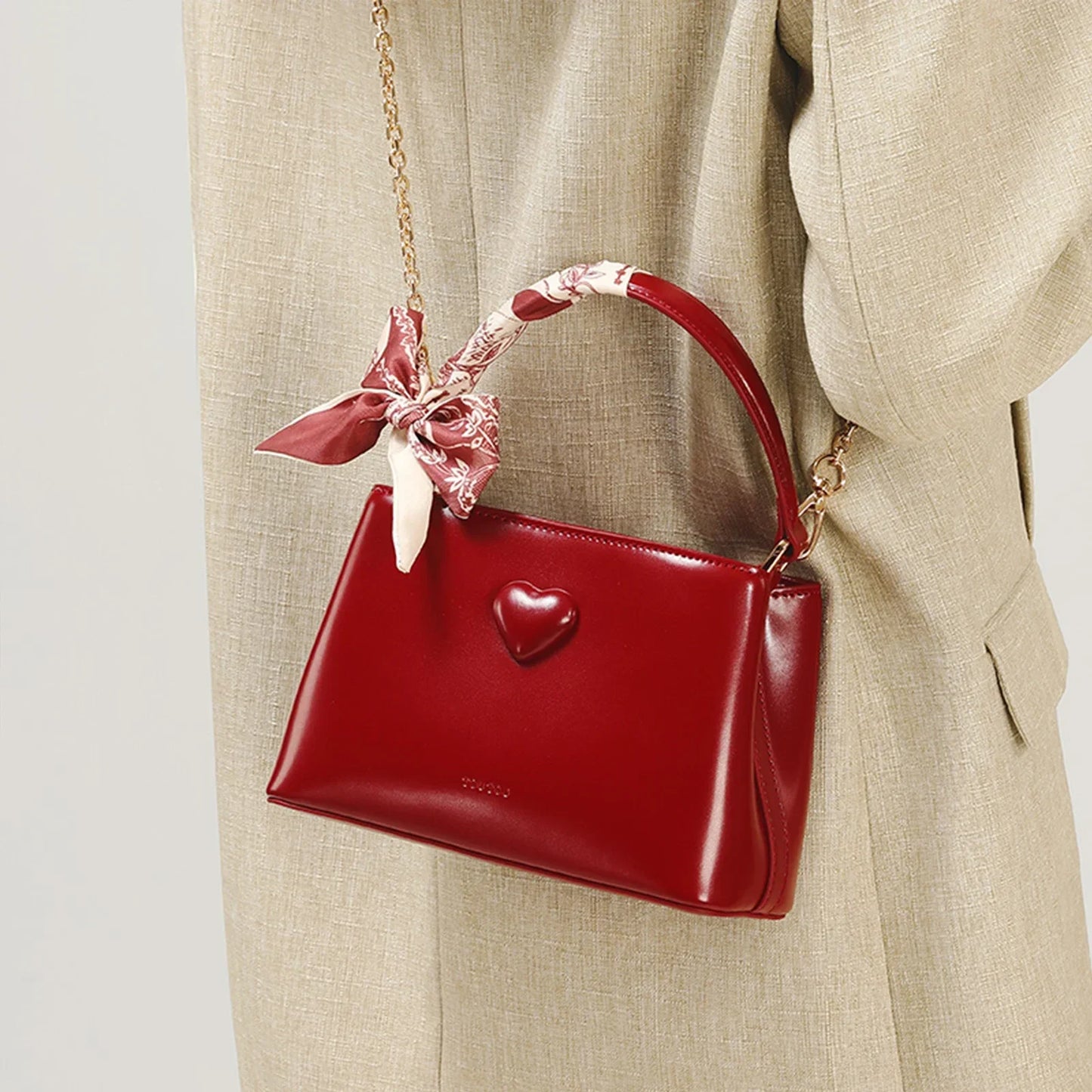 TOUTOU Women Handbag with Adjustable Strap Cowhide Wedding Bag Female Brides Daily Commuting Love One Shoulder Crossbody Red Bag