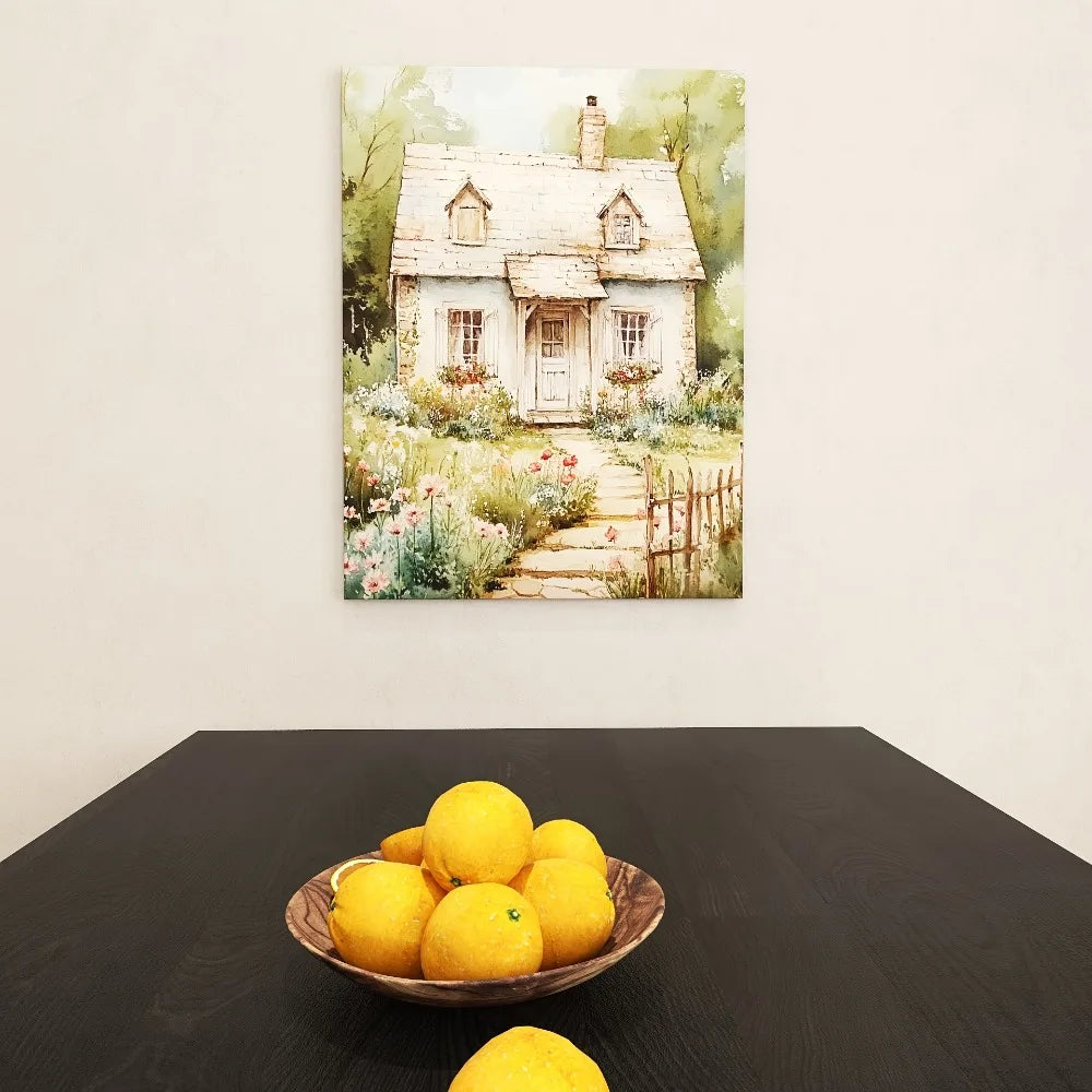 Stone house canvas prints, modern art Deco, floral embellished serene landscapes,1.5 inch thick wood frame