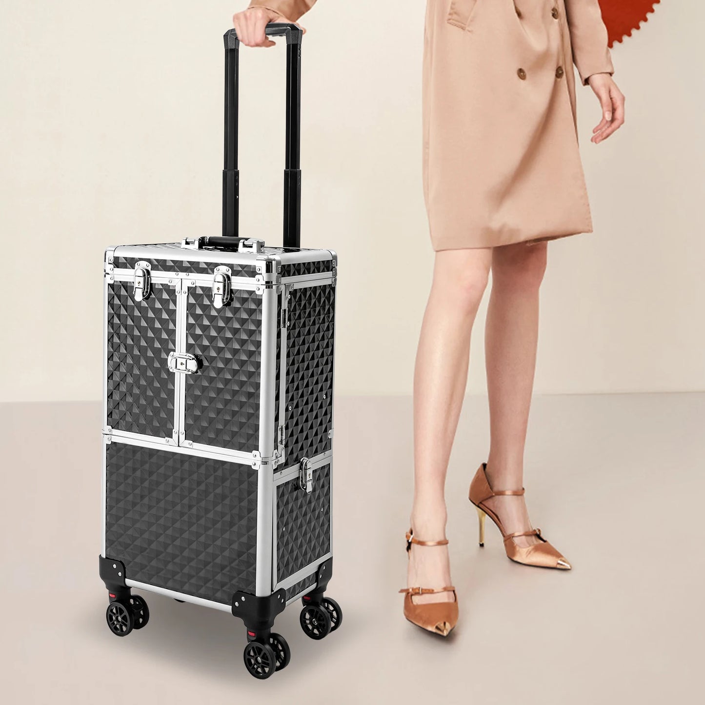 Secure and Spacious Rolling Makeup Case for Cosmetologists and Hairstylists - Easy to Clean and Transport