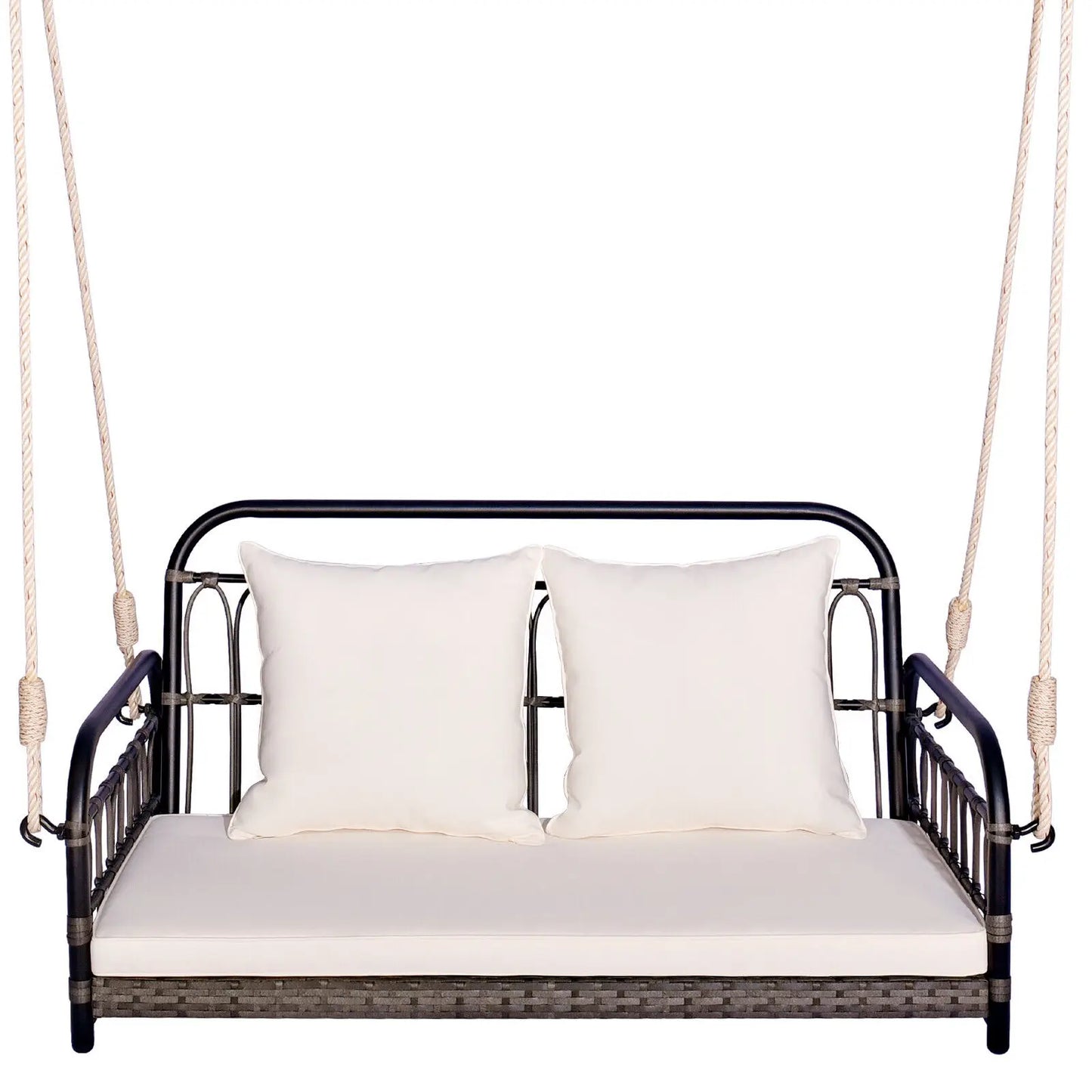 GOFLAME Hanging Swing Bench 2-Person Patio Wicker Swing Chair w/ Cushions-White