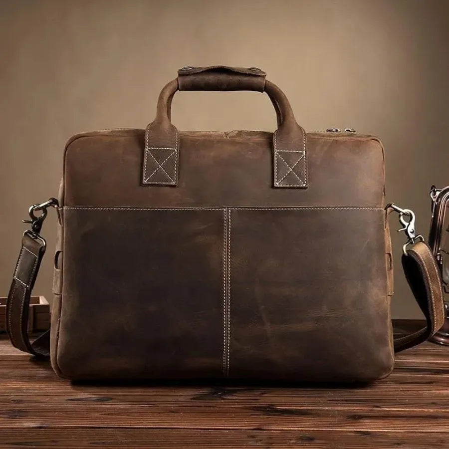 Vintage Leather Messenger Bag for Business Travel - Handcrafted Briefcase