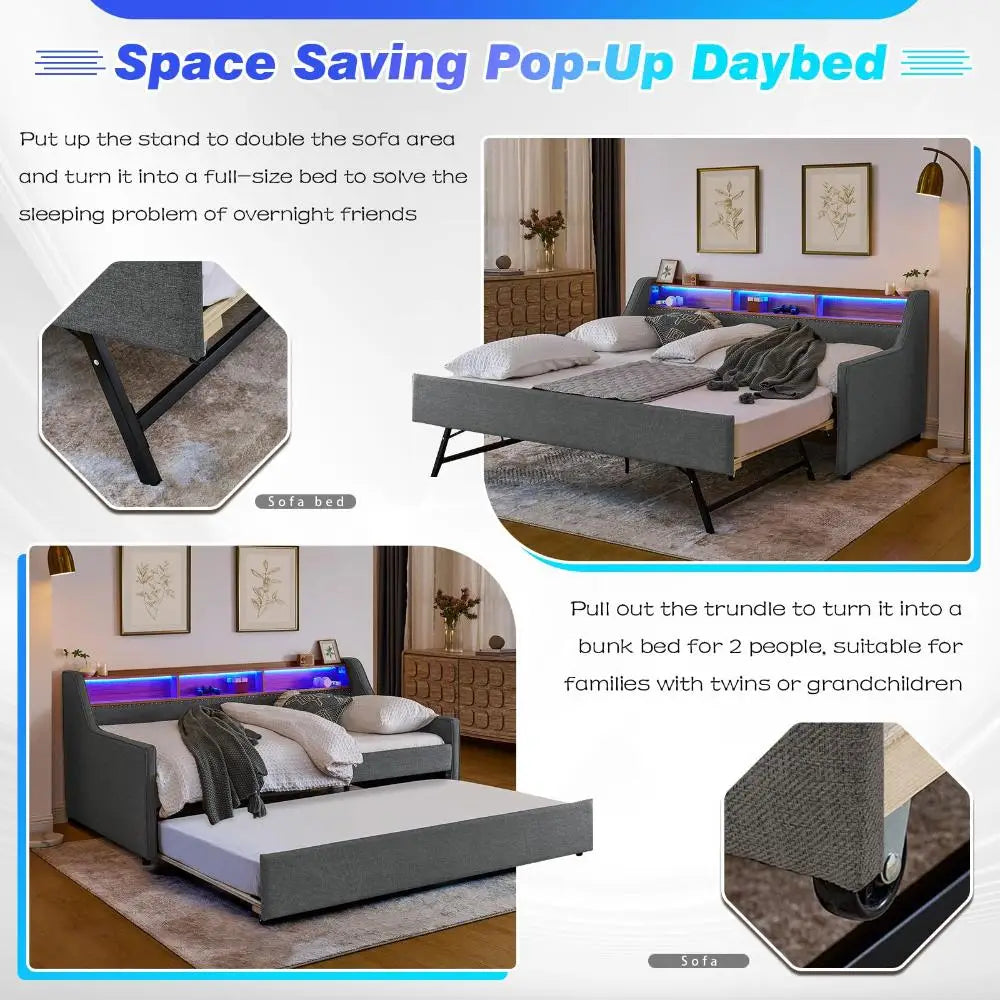 Twin Daybed w/Pop Up Trundle & Wireless Charger, Upholstered Sofa Day Bed Frame w/LED/USB/Type C/Storage Headboard