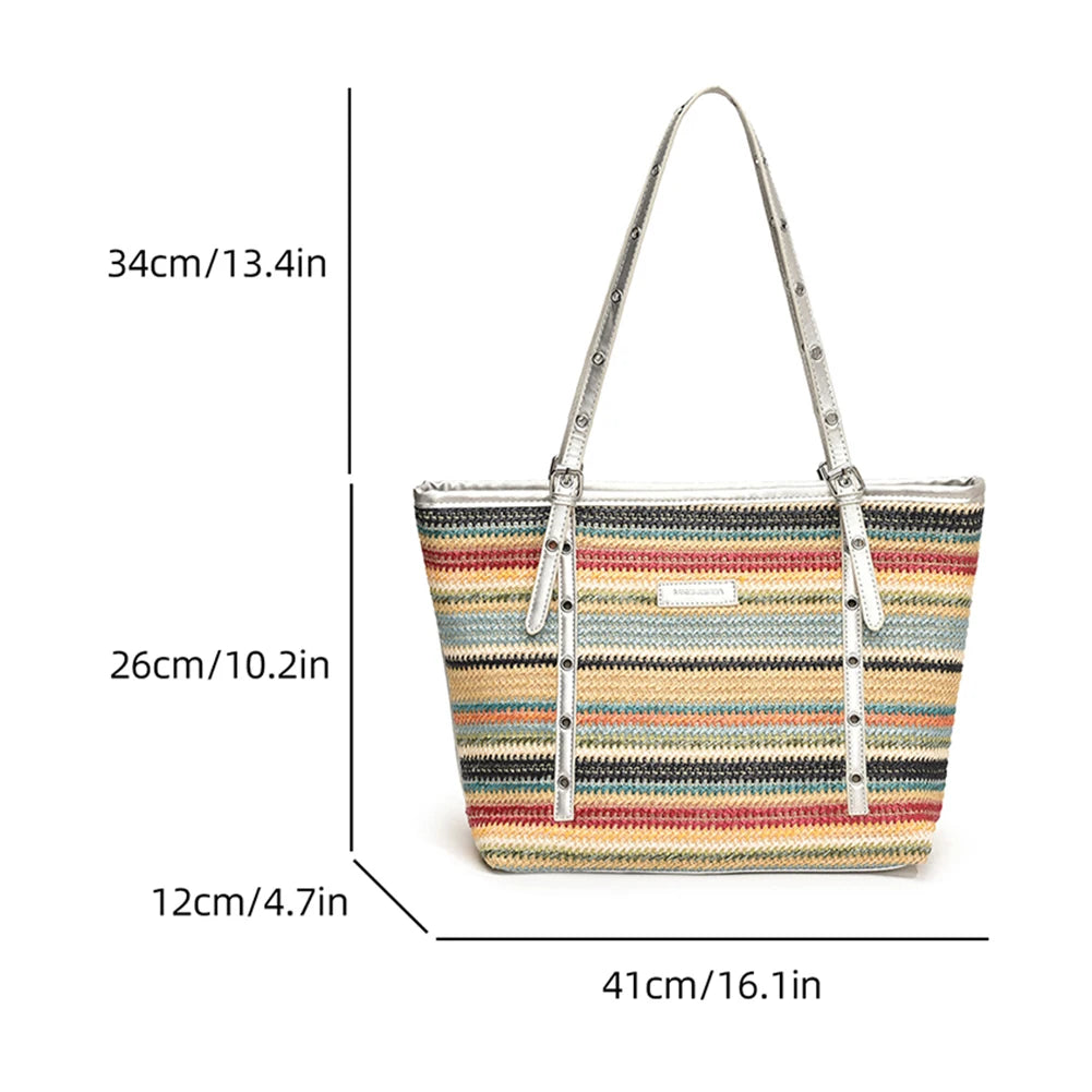 Women Color Straw Tote Handbag Large Capacity Weaving Travel Bag Patchwork Simple Shoulder Bag Ladies Summer Daily Bag