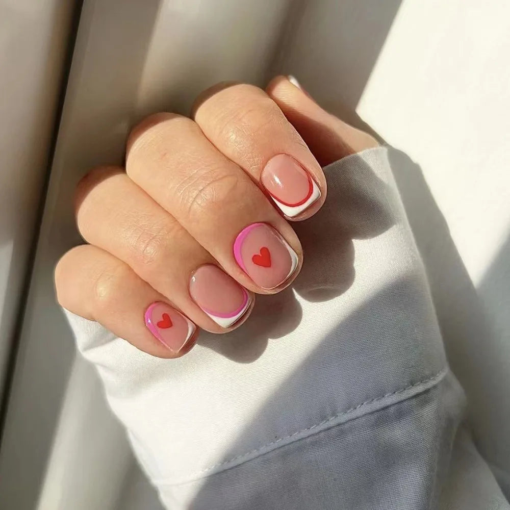 24pcs Aurora White French Press on Nails Short Sqaure Chrome Fake Nails with Glue Metallic Designs Artificial False Nail Tips