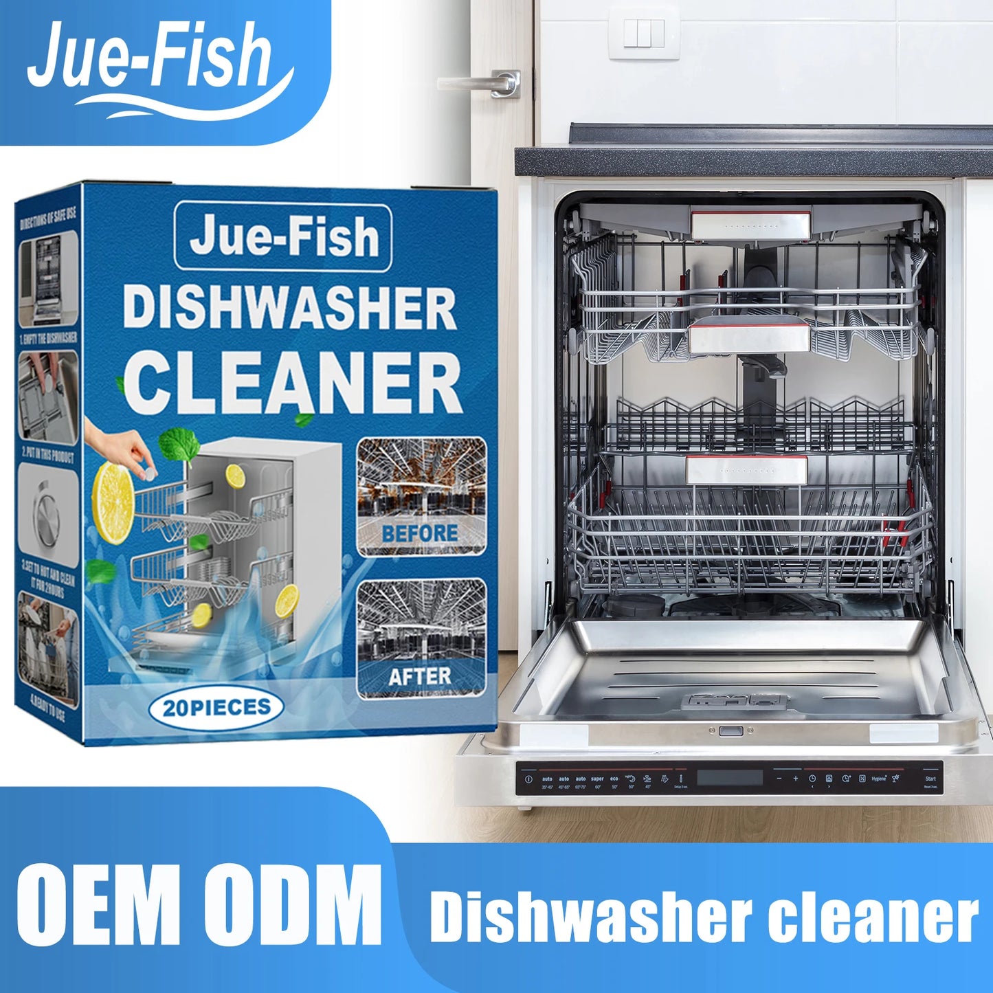 Dishwasher cleaning tablets; Built-in drawer dishwasher specific degreasing cleaning tablets