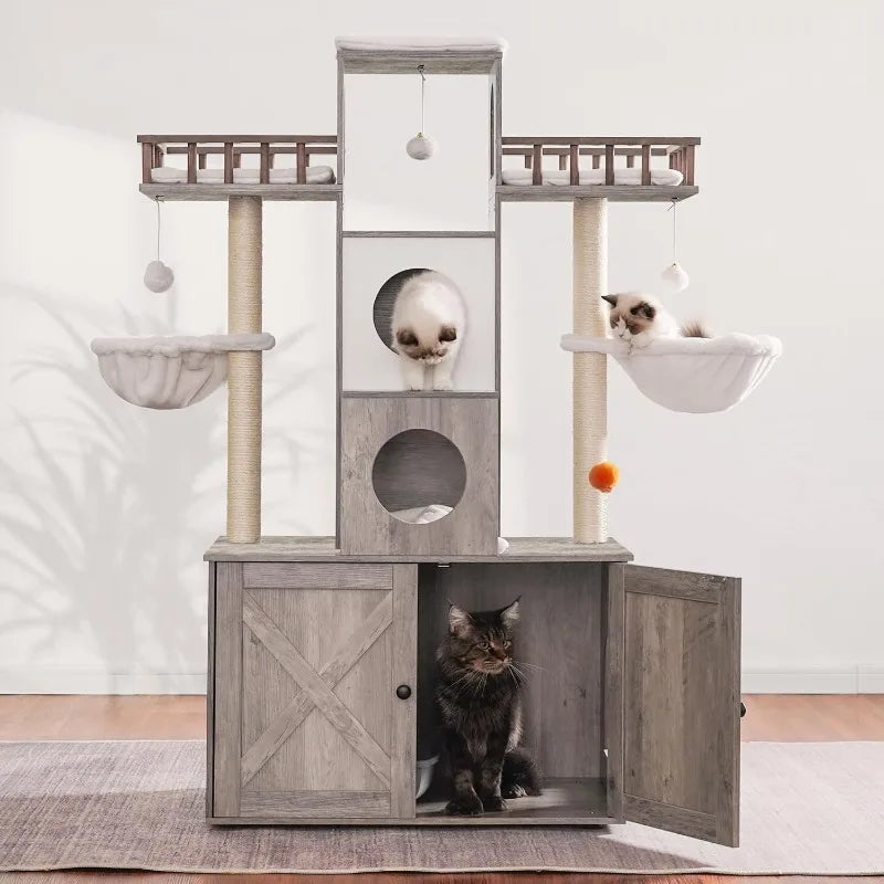Cat Tree with Litter Box Enclosure for Indoor Big Cat Tower for Large Cats HeavyDuty Modern Cat Condo Furniture Scratching Posts