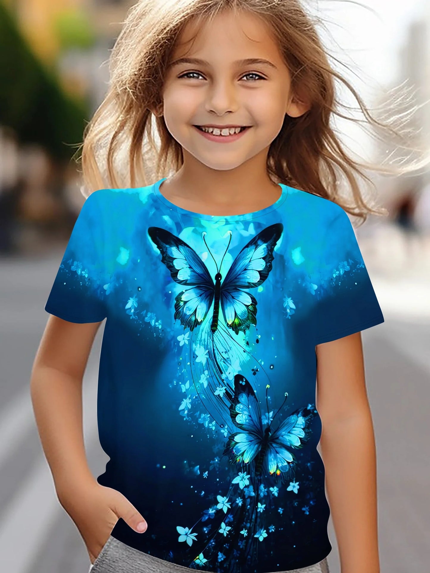 Children's Clothing Girl Clothes Short Sleeve Girl T-Shirt Prety Butterfly Print Kawaii Round Neck Girl Top Kids Summer Clothes