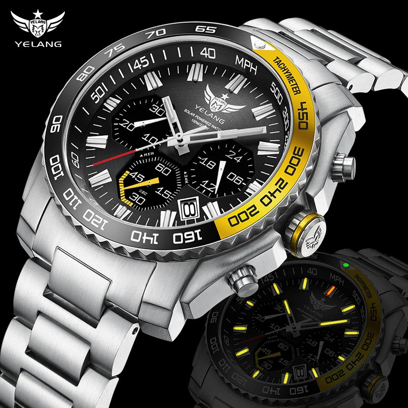 Yelang V1215 Man Watch Sports Watch Japan Eco-Drive VR42 Solar Watch 100m Waterproof Diving Watch luminous Business Sapphire