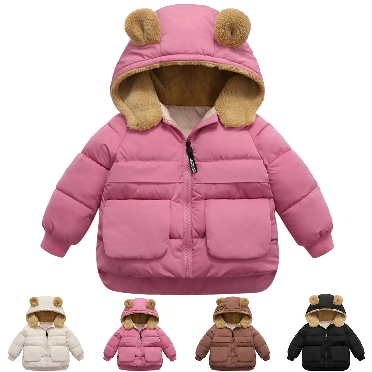 Toddler Kids Baby Boys Girls Winter Warm Solid Coats Bear Ears Fleece Hooded Padded Outwear Light down Jacket Boys