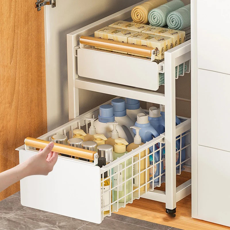 Kitchen Pull-out Basket Shelf Multifunctional Under Sink and Under Vanity Double Storage Shelf Save Space For Storage Items