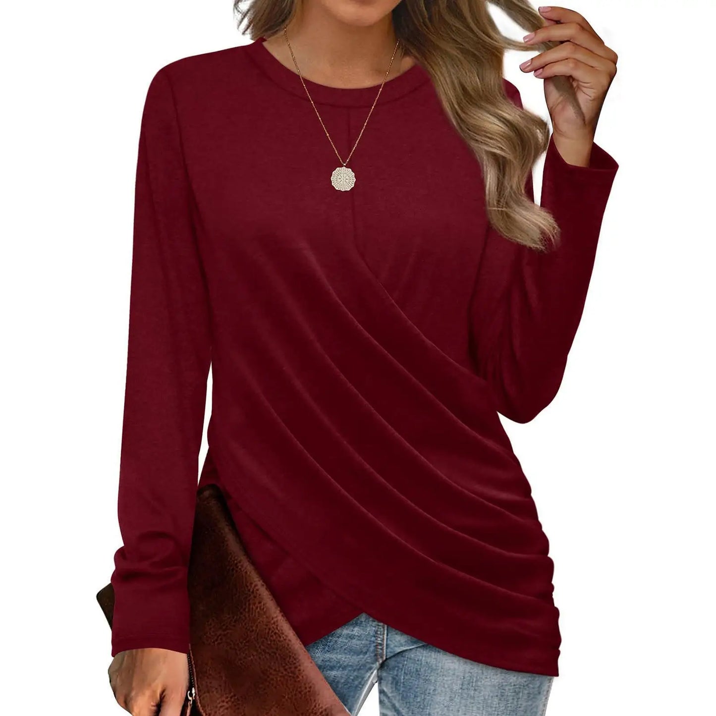 Women's Clothing 2024 Autumn Winter New Solid Color T-shirt Casual Round Neck Cross Pleated Loose Long Sleeved Top