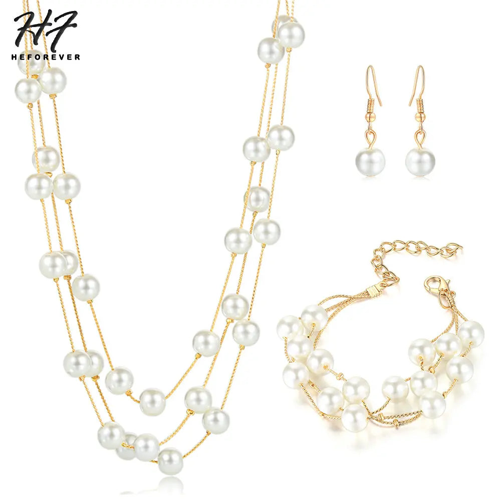 Wedding Bridal Jewelry Set For Women Gold Color Silver Plated Imitation Pearl Fashion Jewelry Necklace+Bracelet+Earring S441-M