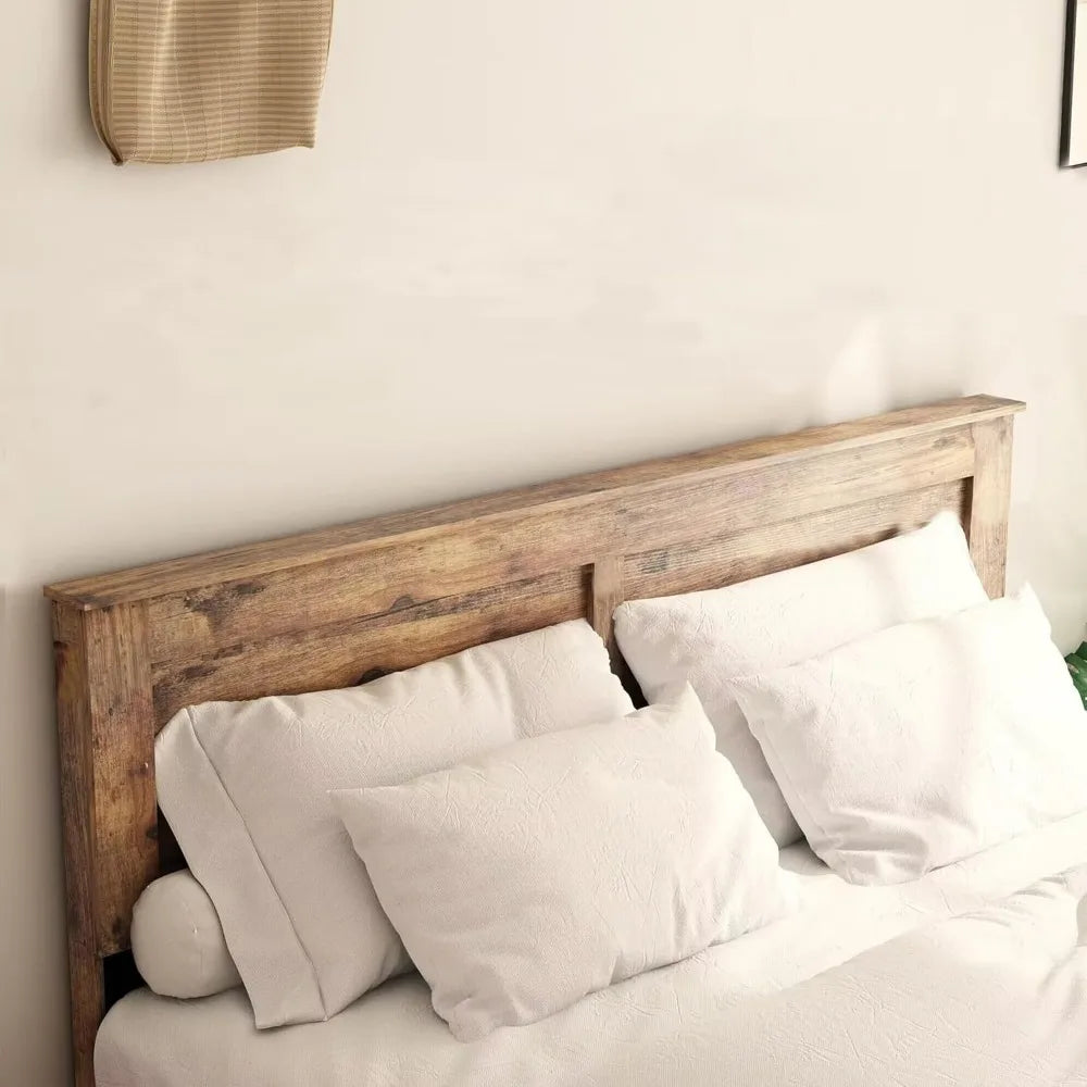 Bed Frame, Rustic Vintage Platform Bed Frame with Wood Headboard and Footboard, 12 Wood Slats Support