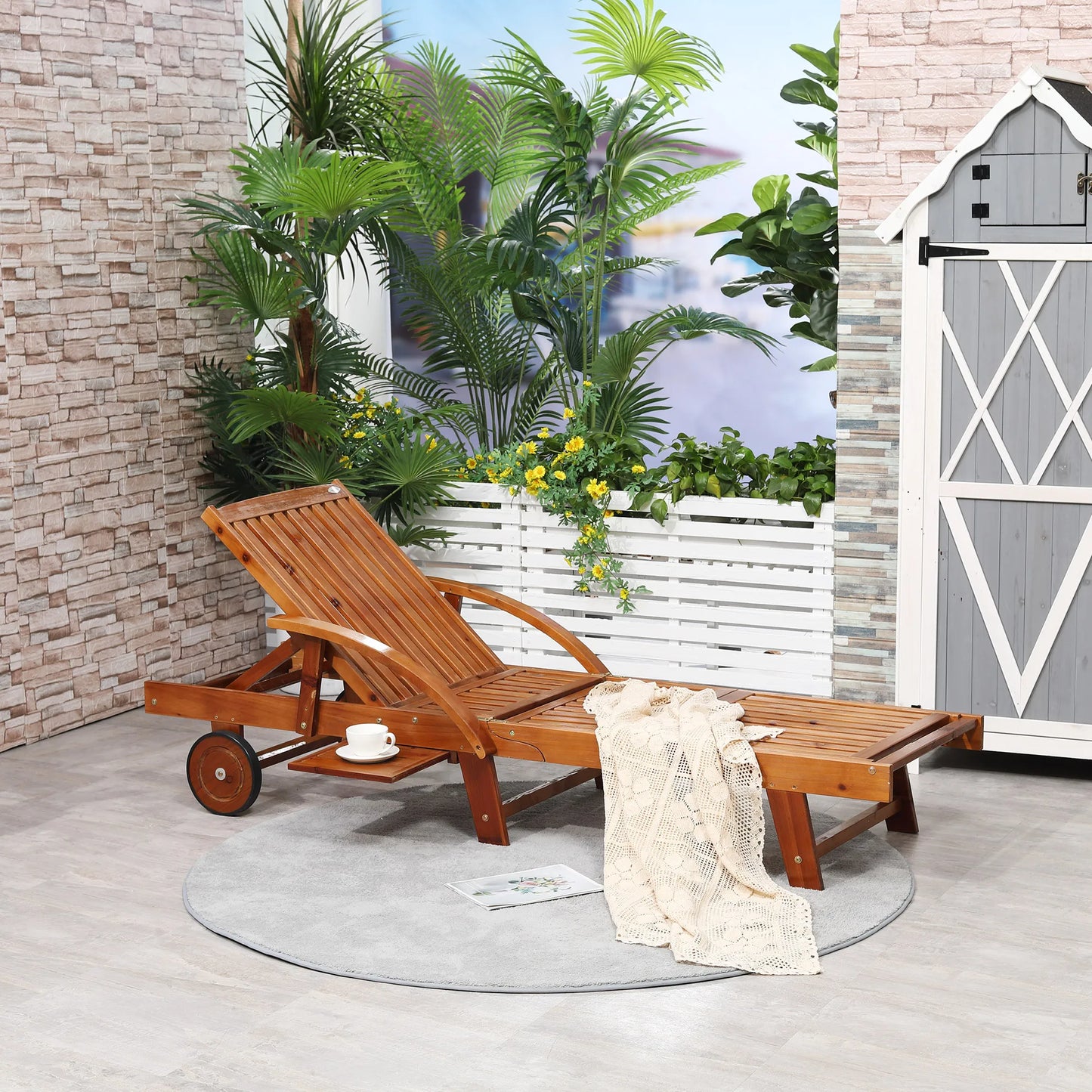 Outsunny Outdoor Garden Patio Wooden Sun Lounger Foldable Recliner Deck Chair Day Bed Furniture with Wheels