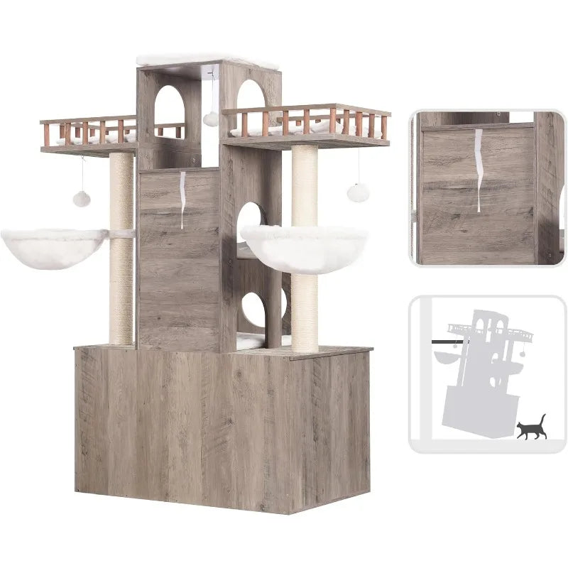 Cat Tree with Litter Box Enclosure for Indoor Big Cat Tower for Large Cats HeavyDuty Modern Cat Condo Furniture Scratching Posts