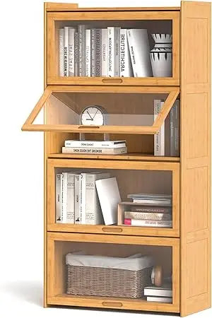 4-Tier Bookcase with Clear Doors, 55" Bamboo Bookshelf with Flip-up Acrylic Doors, Freestanding Cube Storage Organizer with She