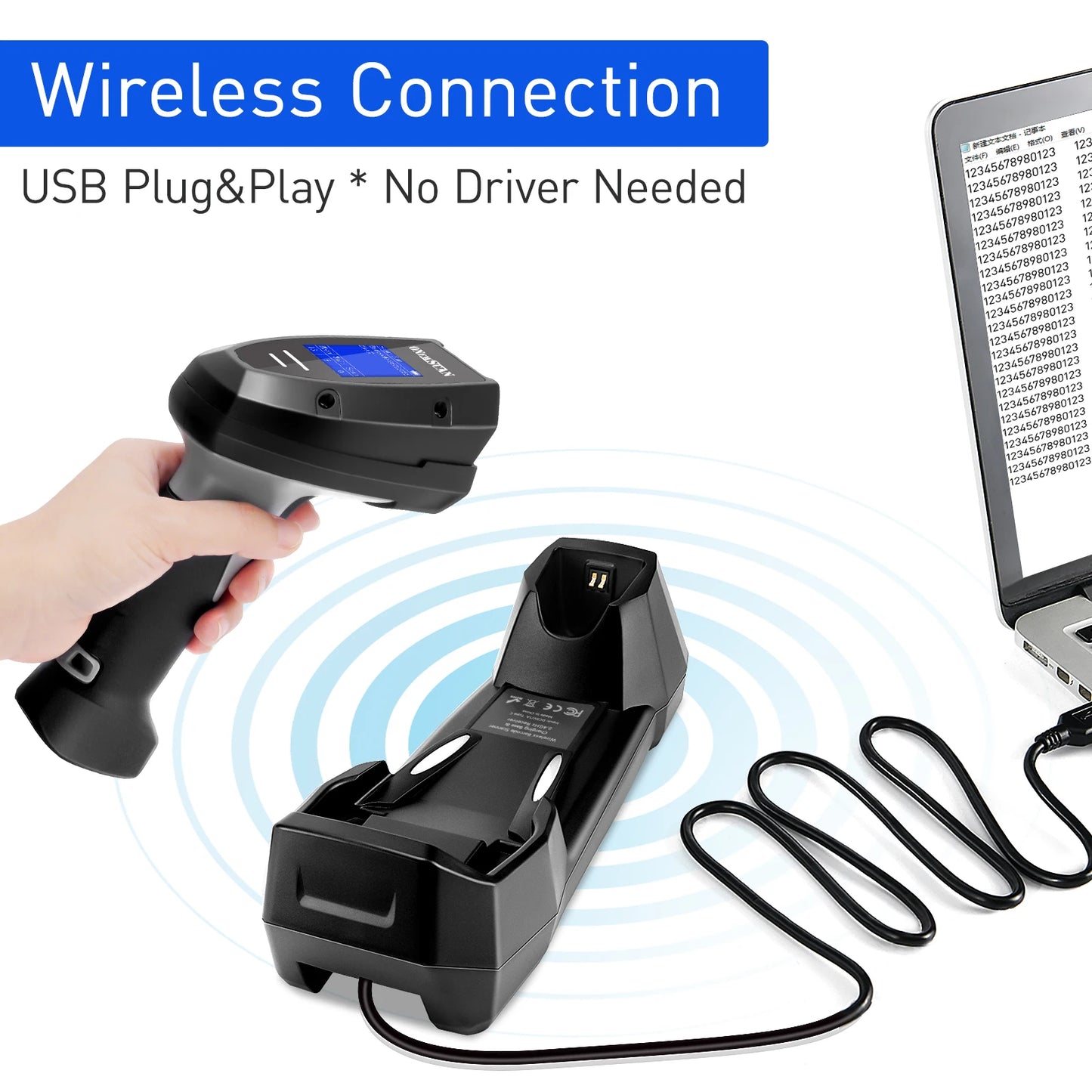 Wireless Barcode Scanner with LCD Display & Charging Dock | 0.1s Fast Scan | USB/Bluetooth| Plug & Play
