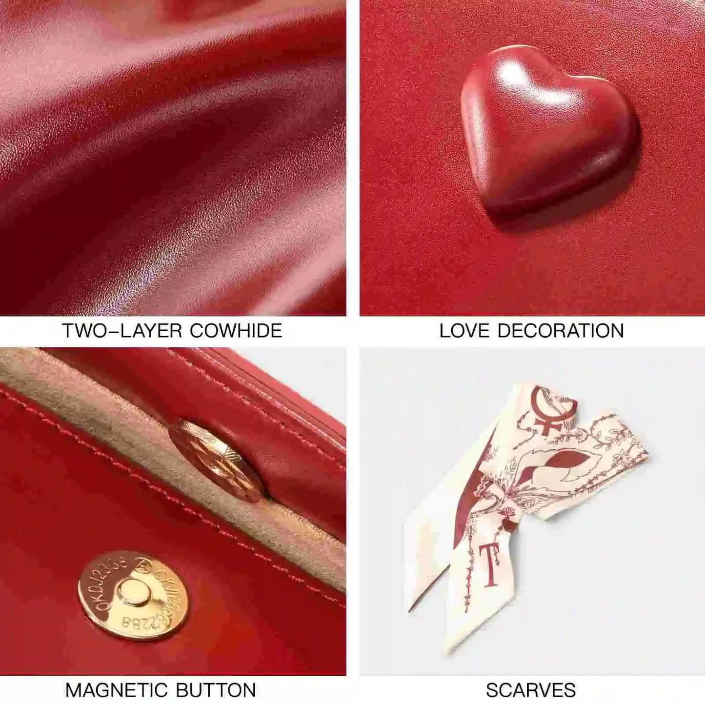 TOUTOU Women Handbag with Adjustable Strap Cowhide Wedding Bag Female Brides Daily Commuting Love One Shoulder Crossbody Red Bag