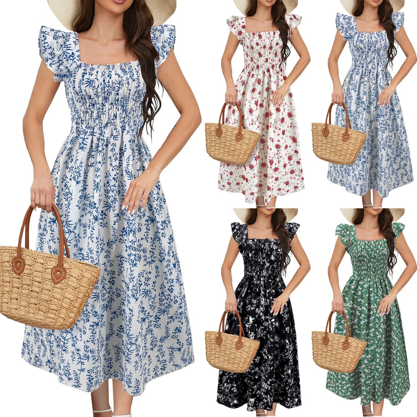 Women Floral Pleated Dress Ruched Chic Midi Dress Short Sleeve O-neck Casual Summer Boho A Line Beach Dress Women