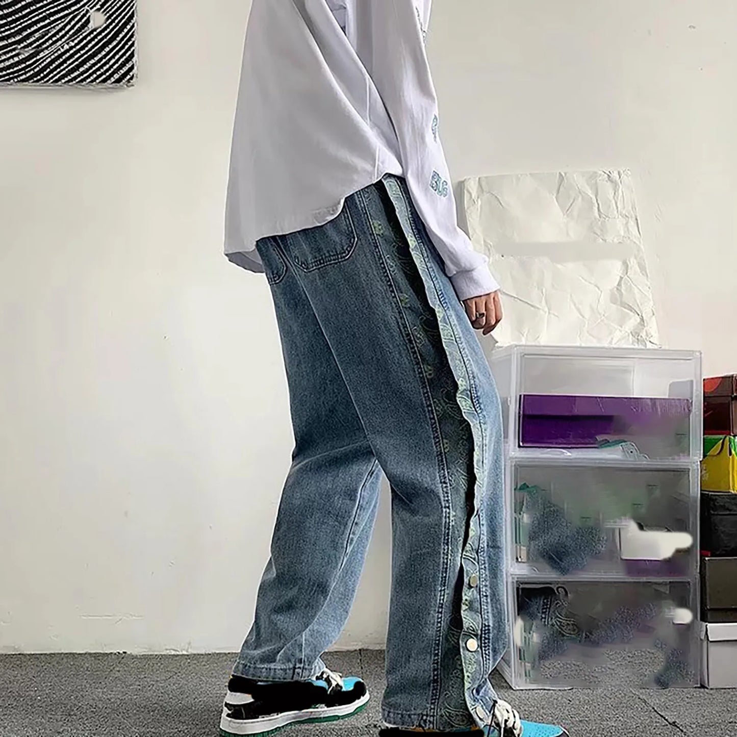 Men's Casual Jeans American Grunge High Street Pants Men Jeans Lace Up Waisted Solid Denim Trousers Wide Leg Straight Leg Pants