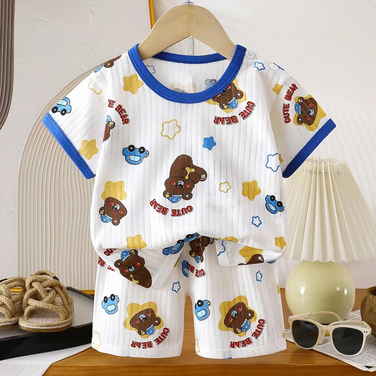 Kids Summer Pure Cotton Clothing Sets Boys Girls Cute Cartoon Short Sleeve T-Shirt Tops with Shorts Toddler Baby Casual Pajamas