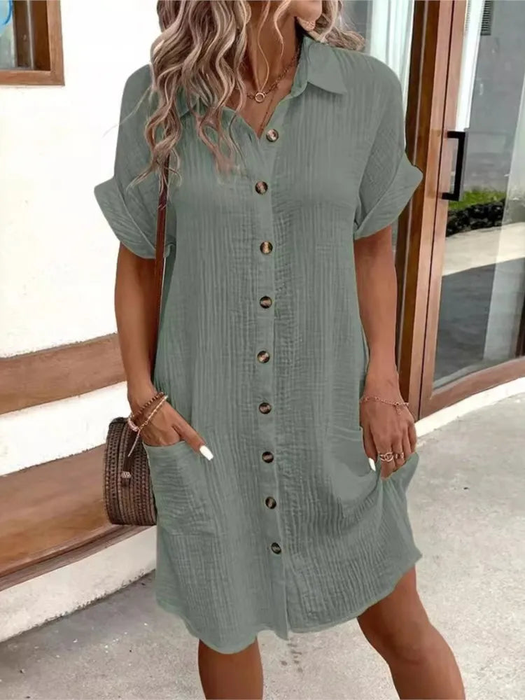 2024 Summer Women's New Fashionable Simple Sexy V-neck Button Single Breasted Short Sleeve With Pocket Dress Women's Wear