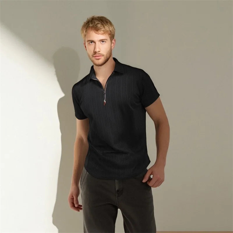 Men s Short Sleeve Jacquard Turn Down Collar Zipper Casual Tops - Stylish Fit Shirts for Summer Fashion