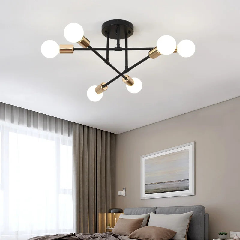 Retro Industrial Wrought Iron Material 6Heads LED Ceiling Lamp Home Luminaire Modern Living Room Light E27 Decoration Light