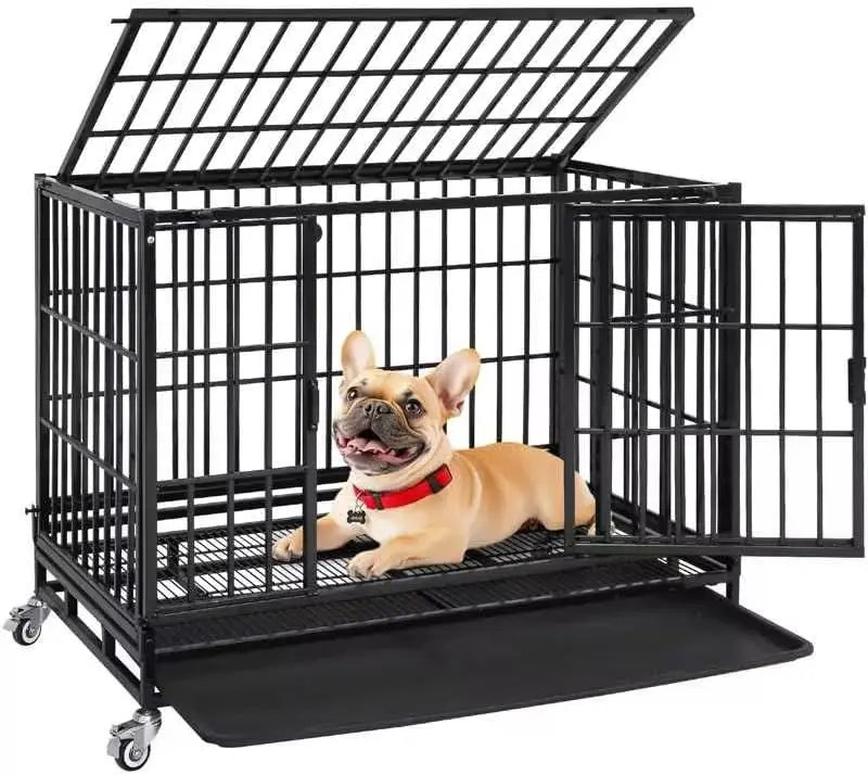 43 Inch Metal Open Top Stackable Heavy Duty Dog Cage Kennel with Three Door, Metal Floor Grid, Tray, Wheels, Divider and Feeding