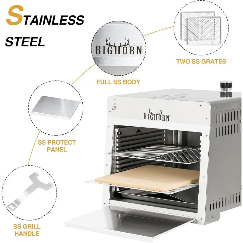 BIG HORN OUTDOORS 1500°F Infrared Grill Tabletop Broiler, Propane Steak Cooker, Stainless Steel Outdoor BBQ Machine Steak Oven