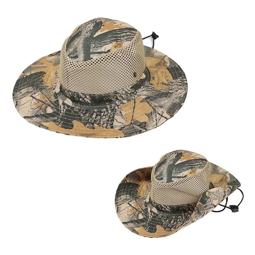 Outdoor Sunhat Hunting Fishing Cap Outdoor Wide Brim Sun Cap Mesh Breathable Camouflage leaves Hat Man Sun Cap