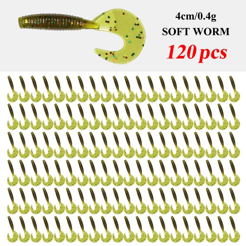 120Pcs New Soft Bait 4cm0.4g Fishing Lures Plastic Silicone Worm Moggot Grub Lure Saltwater Wobblers Carp Swimbait for Pike Tool