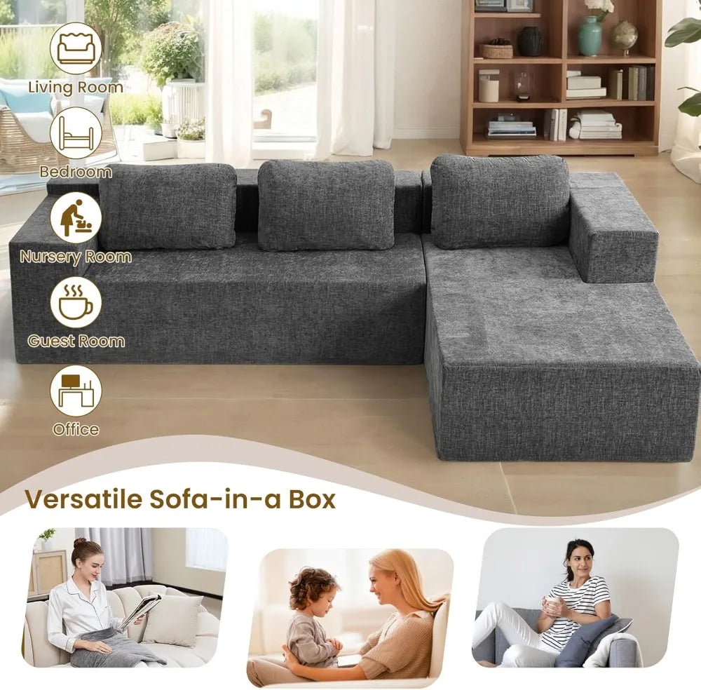 Sofa Couch Comfortable Modern Living Room Furniture, Sofa-in-a-Box, Wrinkle Resistant Chenille Fabric, No Assembly Required,
