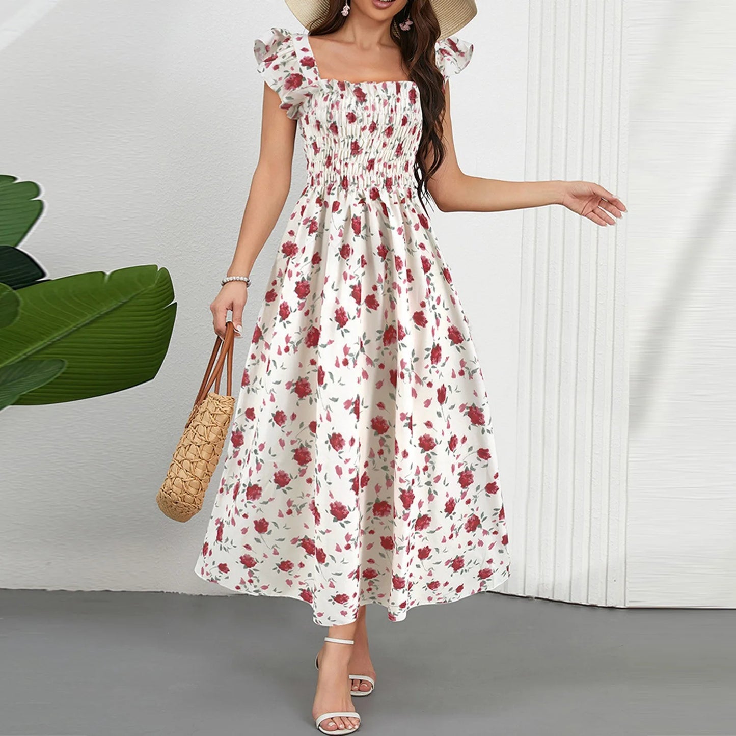 Women Floral Pleated Dress Ruched Chic Midi Dress Short Sleeve O-neck Casual Summer Boho A Line Beach Dress Women