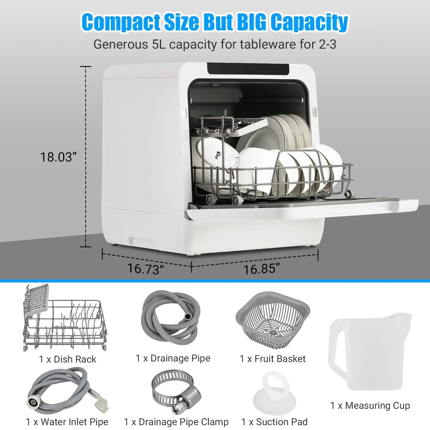 Portable Dishwasher Countertop, Dishwasher Countertop 5L Built-In Water Tank, No Hookup Needed, 5 Washing Programs