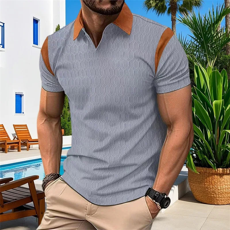 Men s Short Sleeve T-Shirts with Jacquard Patchwork Design and Turn Down Collar for Casual Summer Fashion Fit