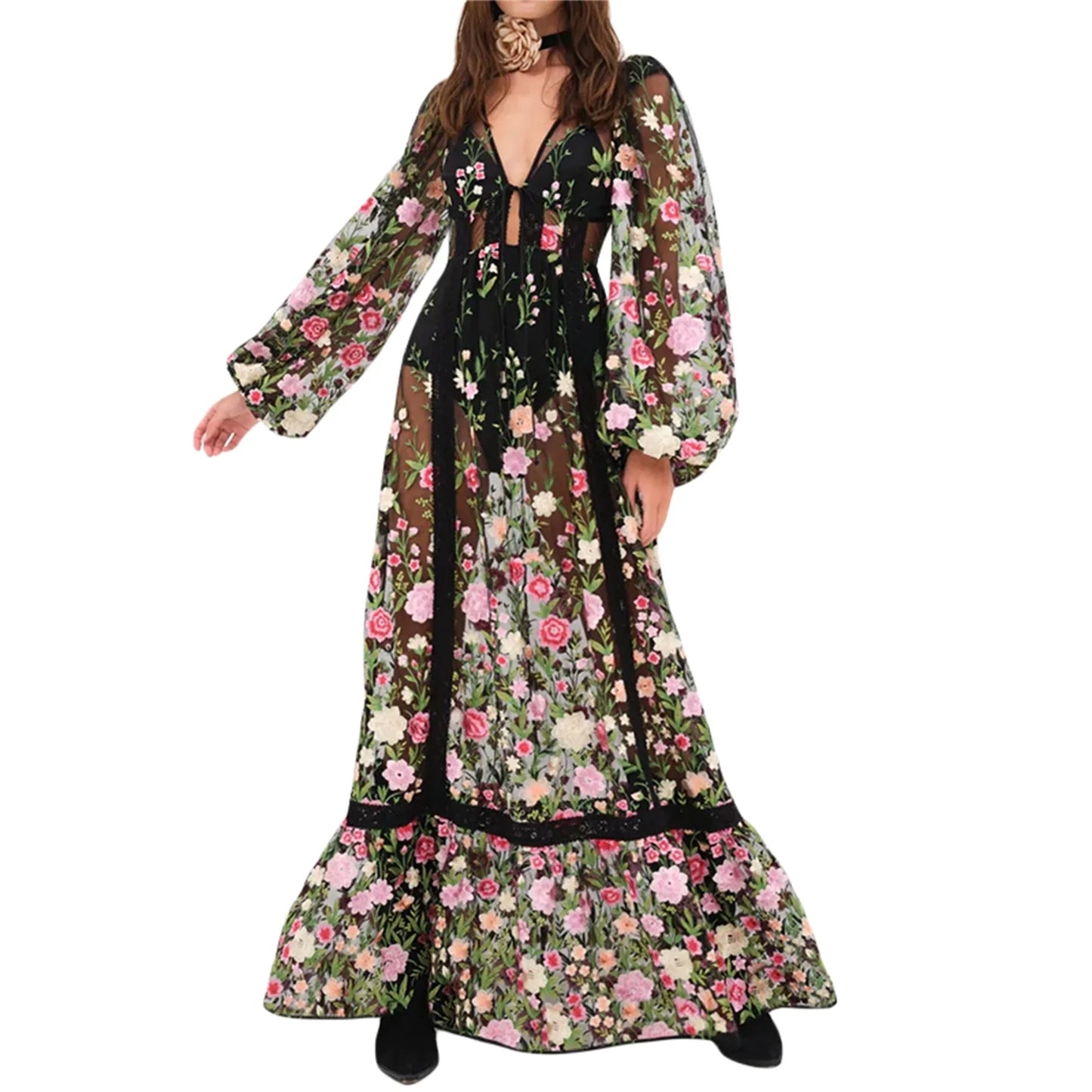Women s Summer Long Beach Dress Long Sleeve V Neck Backless Floral Bikini Cover Up