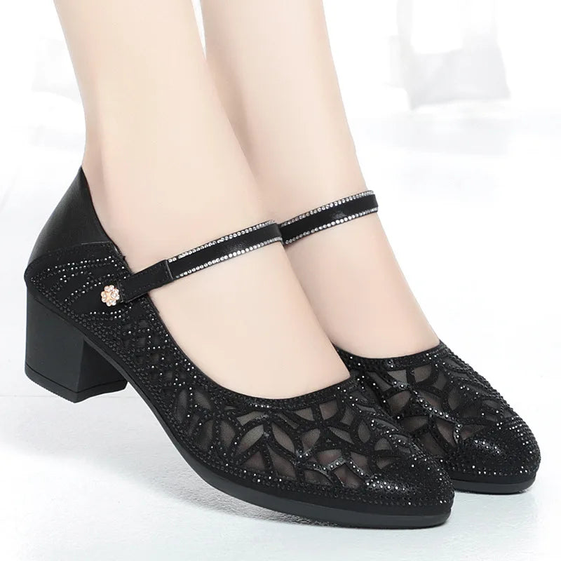 Shoes For Women 2024 Comfortable And Elegant Spring Summer Footwear Rhinestone with Crystals Black Low Heel Transparent Simple