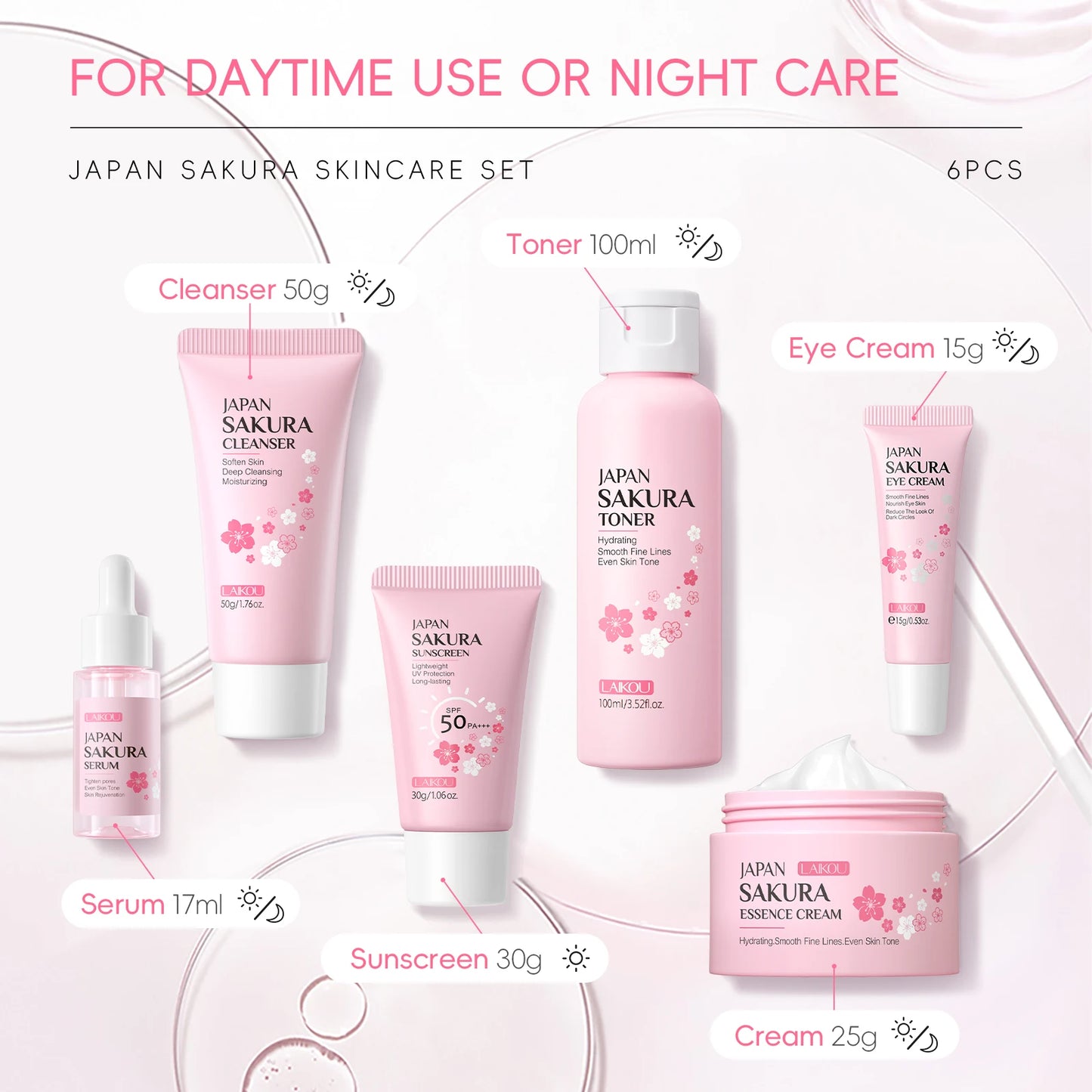 LAIKOU Japan Sakura Skincare Set 6pcs SPF Day Routine Hydrating Anti-Aging Brightening Sun Defense