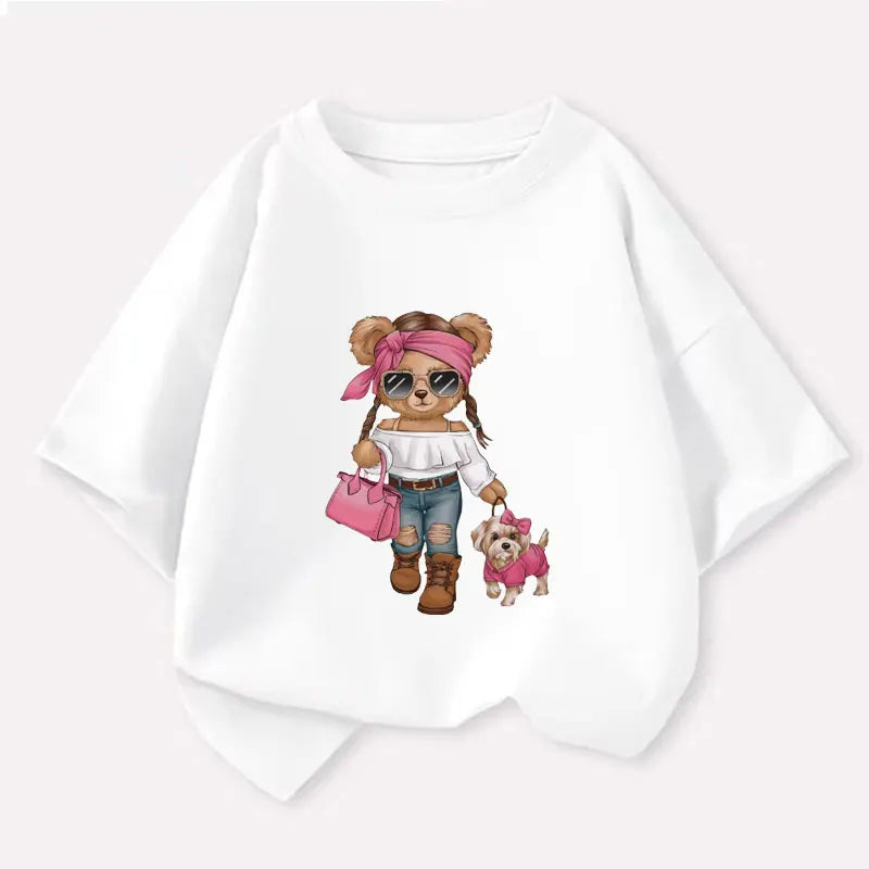 New Y2K Tops Trendy Bear Cartoon Graphic Print Baby Girls T-shirt Cotton Kids Tops Tee Summer Fashion T Shirt 6 8 10 12 Years