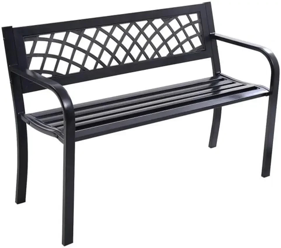 3-Seater Metal Garden Bench with Comfortable PVC Lattice Seat Back,  Garden Furniture with Solid Steel Frame