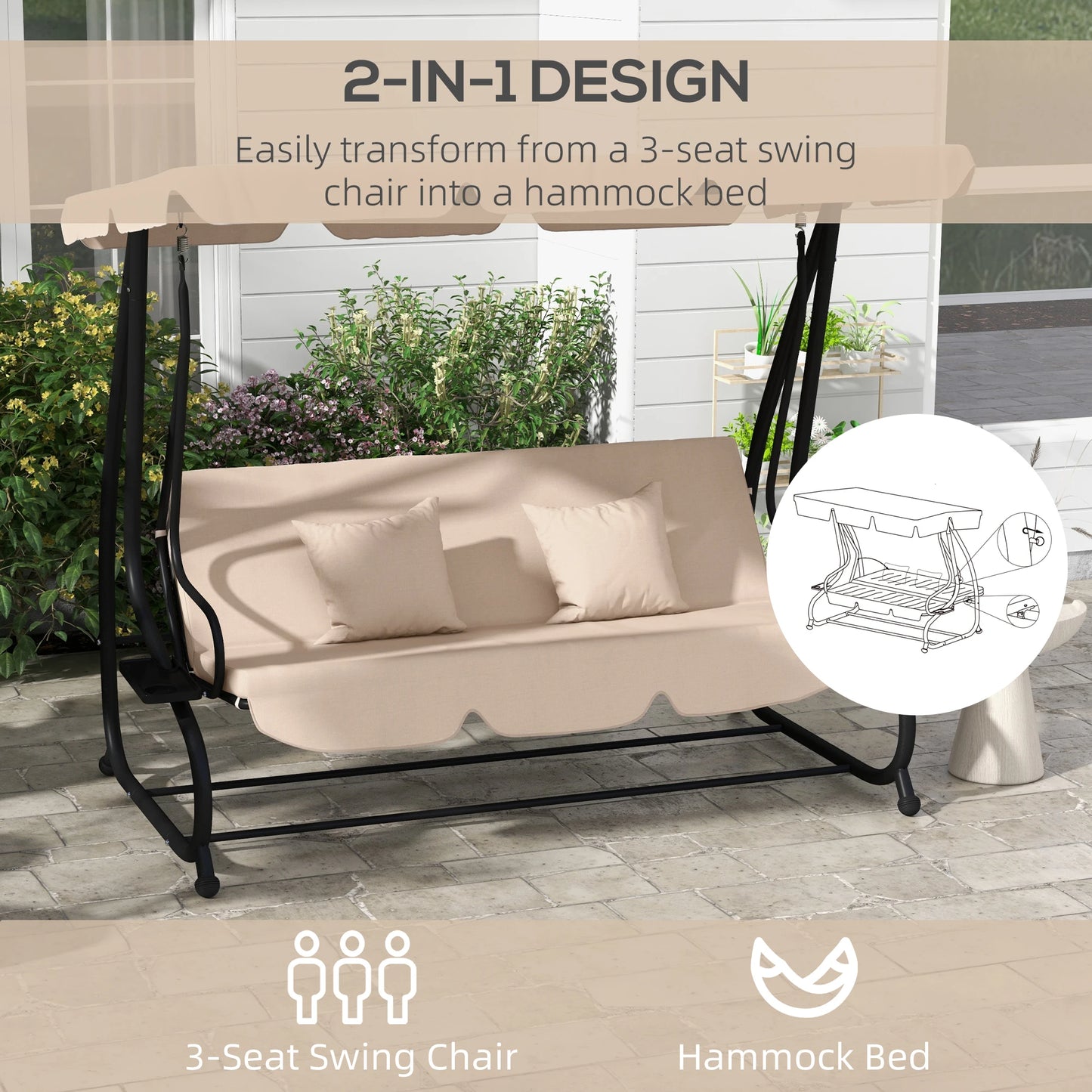 Outsunny 2-in-1 Garden Swing Seat Bed, 3 Seater Convertible Swing Chair Bench with Tilting Canopy, Cushioned Seat and 2 Pillows