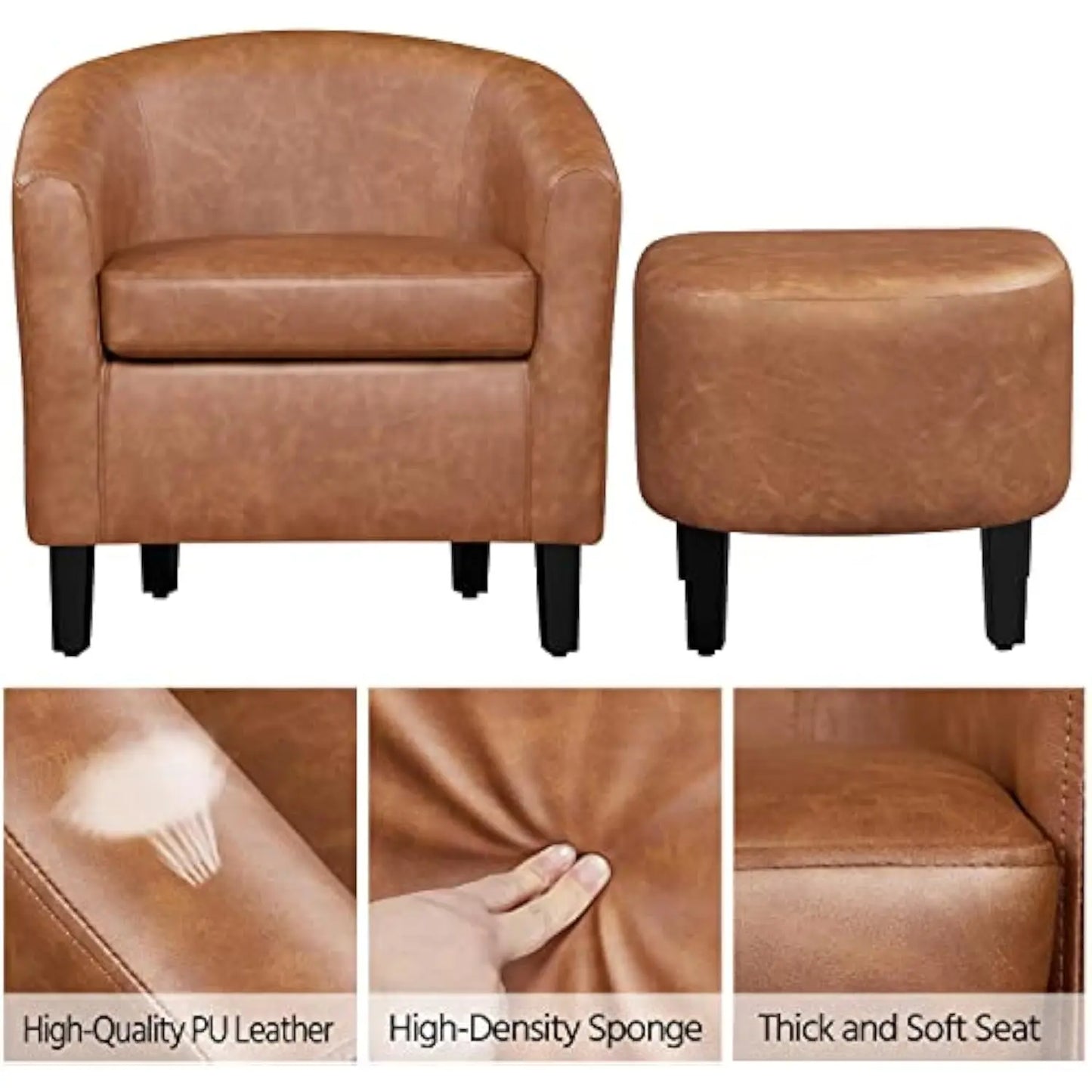Accent Chair with Ottoman Footstool, PU Leather Modern Upholstered Soft Barrel Chair, Comfy Club Armchair and Footrest Set for