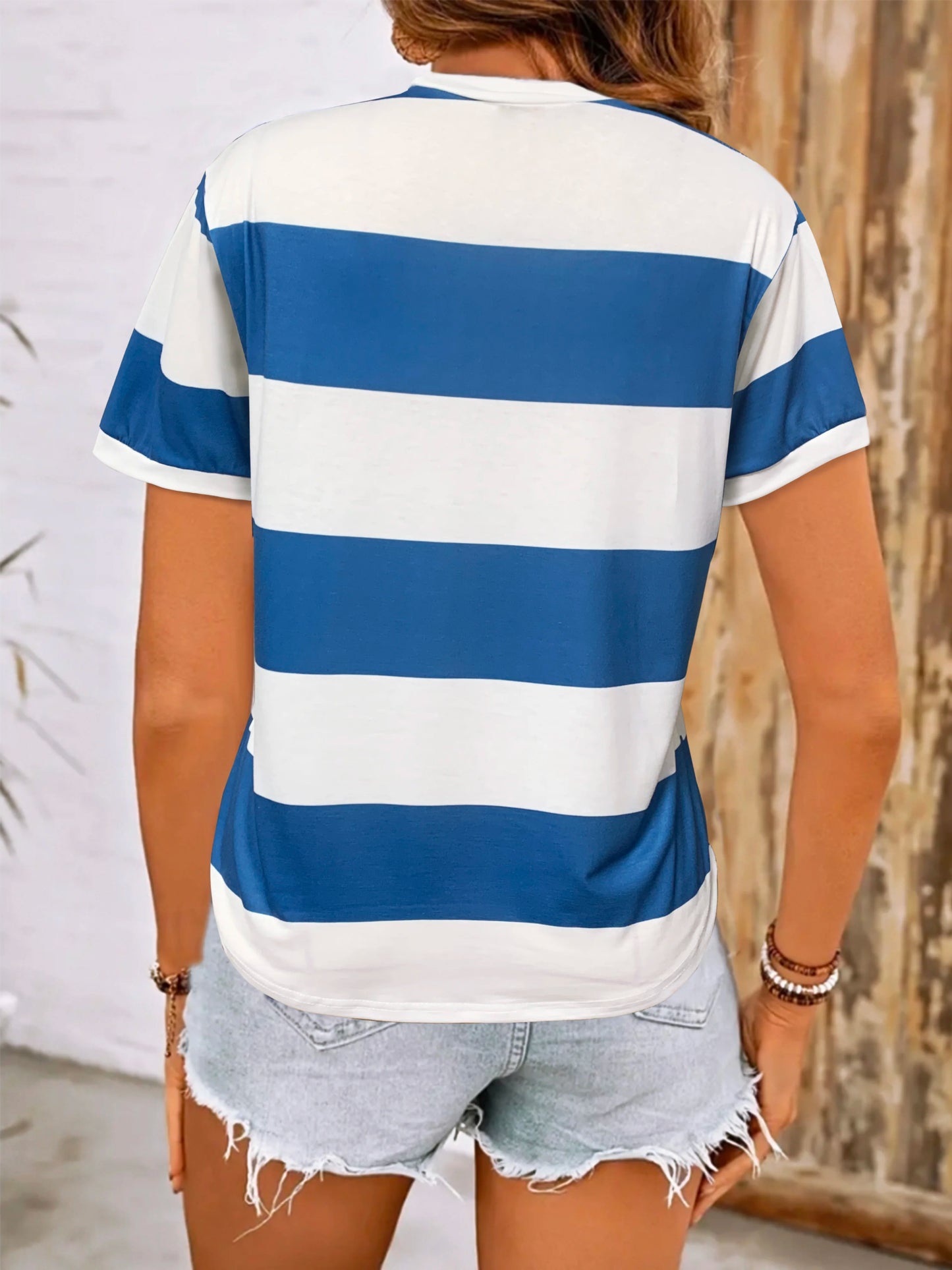 Women's Striped Printed Round Neck Short Sleeve Casual T-Shirt, summer outfits for women,leisurely tops for women summer clothes