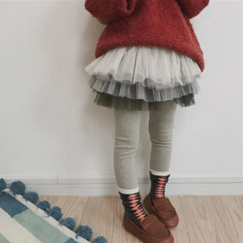 Spring Autumn Kids Girl Legging Skirt-Pants Warm Tutu Tights Cute Layered Lace Skirt Pants Footless Bottom Pants Toddler Legging
