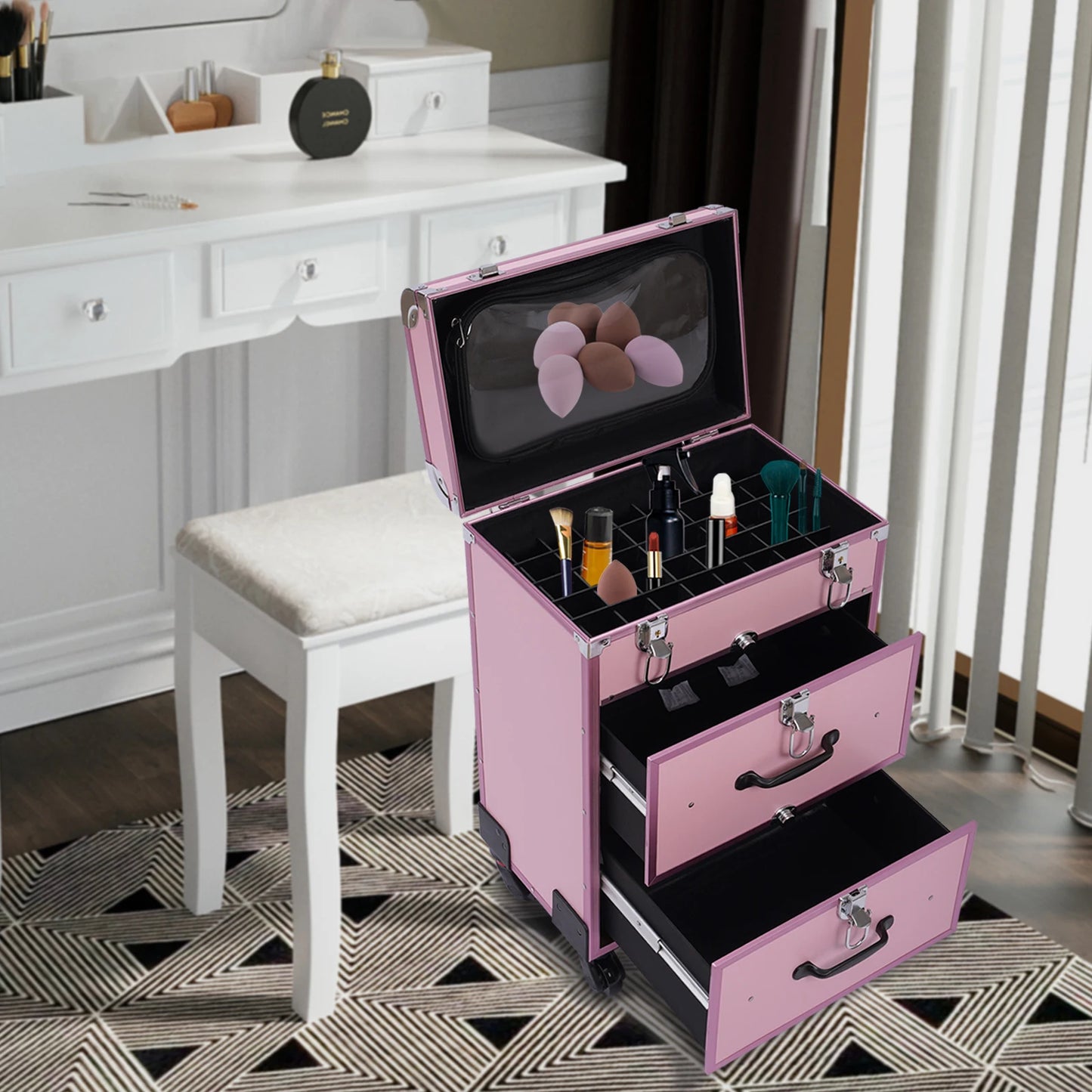 3 Layers Professional Makeup Rolling Train Case w/ 2 Drawers Make-up Traveling Case Trolley on Wheels Cosmetic Organizer w/Locks