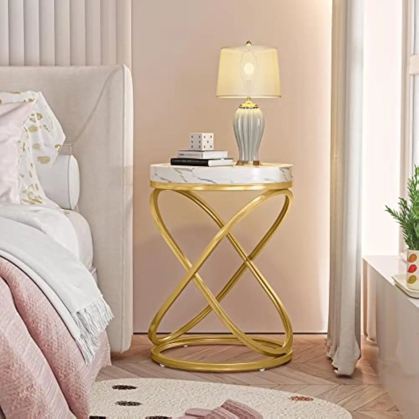 26 Inches White and Gold Faux Marble Top End Tables Living Room, Round Nightstands Sofa Side Table with Double X-Shaped Ring U