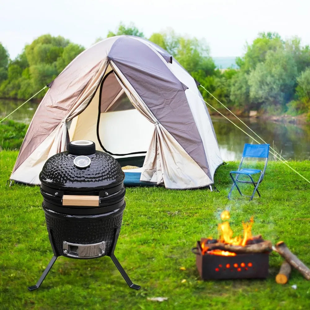 3" Ceramic Mini BBQ Grill Smoker Egg Charcoal Cooking Oven, Portable Oven and Smoker with Stand (Black)
