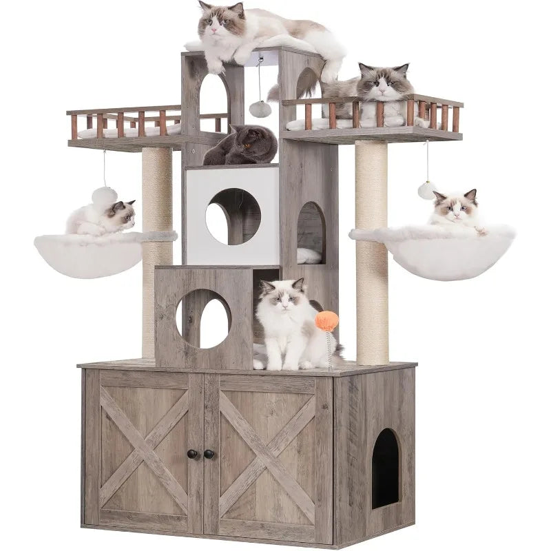 Cat Tree with Litter Box Enclosure for Indoor Big Cat Tower for Large Cats HeavyDuty Modern Cat Condo Furniture Scratching Posts